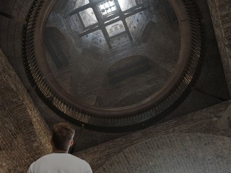 Eine Visualisierung zeigt den Alten Turm von Innen mit der zukünftigen Öffnung des Turmhelms.